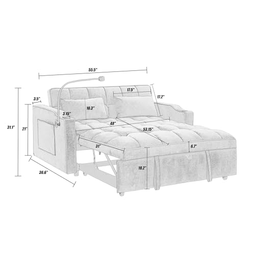 Modern 3-in-1 Convertible Sofa Bed with USB & Type-C Ports, Velvet Pull-Out Double Sofa, Lounge Chair and Guest Bed with Cup Holder and Phone Stand, Ideal for Living Room, Apartment, Studio