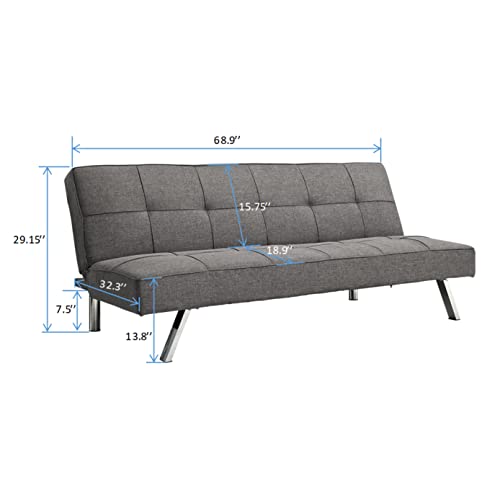 Modern Fabric Sofa Bed Futon with Chrome Legs stainle Leg Convertible Folding Sofa Bed, 3 Angles Adjustable Back for Compact Living Spaces,Apartments Office Dorms (Gray)