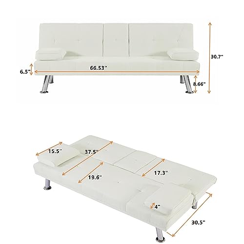 100% Fabric Linen Upholstered Futon Sofa Bed with 2 Cupholders/Legs/Removable Armrest, Modern Convertible Sleeper Couch, Upholstered Loveseat for Small Spaces, Memory Foam Living Seat, Gray