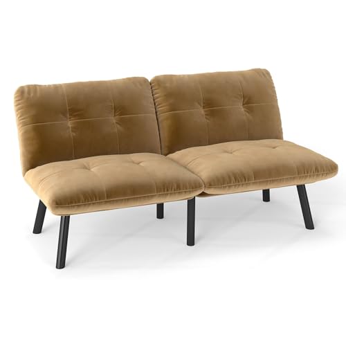 Convertible Folding Modern Sofa Bed, 2-Seater Velvet Sleeper Sofa with Adjustable Backrest, Metal Frame, Space Saving Couch for Small Apartment, Guest Room, (Black)