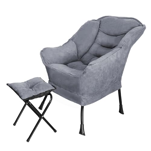Lazy Chair with Folding | Large Accent Lounge Chair with Armrests and a Side Pocket | Modern Leisure Upholstered Sofa Reading Armchair with Footrest for Bedroom, Living Room, Dorm Rooms Grey