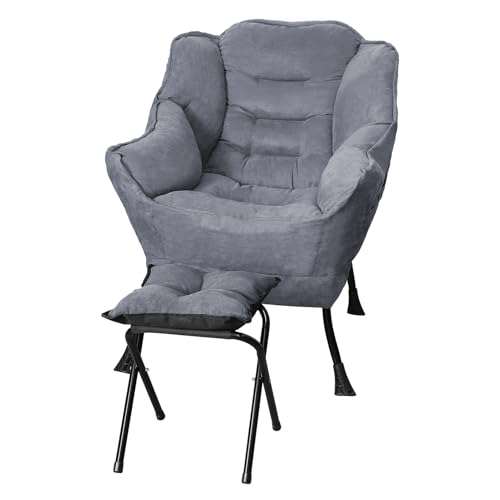 hatleues Lazy Chair with Ottoman, Accent Sofa Armchair with Folding Footrest, Side Storage Pocket, Rebound Sponge, Comfy Leisure Sofa Reading Chair for Bedroom, Living Room,Dorm Grey