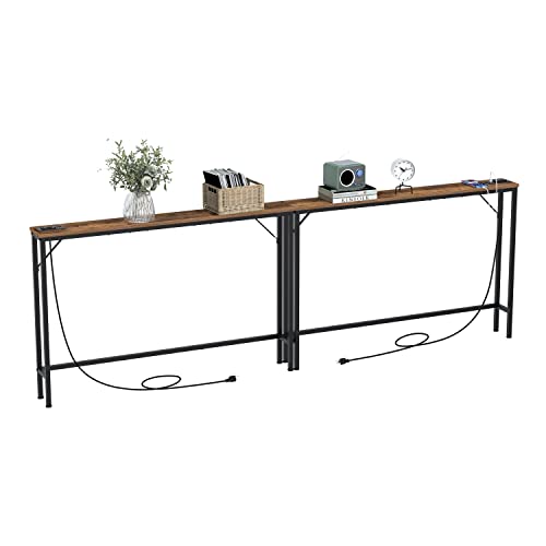 Tohomeor 5.9" Skinny Behind Sofa Console Table with Charging Station 47.2" Narrow Long Behind Couch Table with Power Outlets USB Ports Thin Entry Table for Entryway Living Room Hallway Retro Grey
