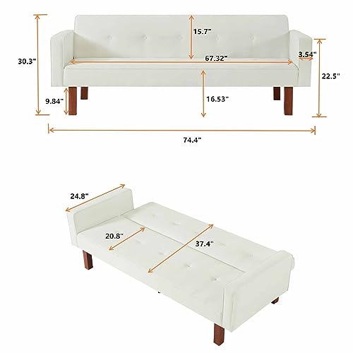 75” Modern Futon Sofa Bed, Convertible Sleeper Loveseat with Wood Legs/Armrests/Pillows, Upholstered Folding Couch for Small Space, Linen Fabric Memory Foam Living Seat, Brown