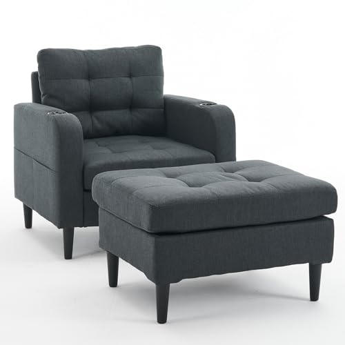 Cotton and Linen Futon Sofa Bed with Storage Ottoman, Cloud Couch with Cup Holders and Side Pocket for Apartments, Small Places, Bedrooms, Living Rooms