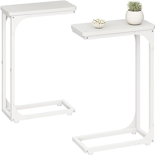QEEIG Narrow C Shaped Side Table Set of 2 Living Room Sets Slim Couch Tray Tables Skinny Thin Small Farmhouse 7 inch Width, Rustic Brown (017-18BN)