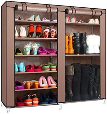 Portable Wardrobe Closet Storage Double Rows 9 Lattices Combination Style Shoe Organizer Metal Hanging Rack Non-Woven Fabric