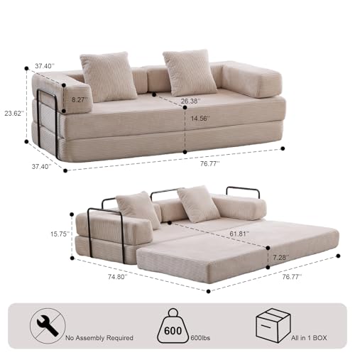 4-in-1 Convertible Sleeper Sofa Bed with Corduroy Teddy Style – Modular Floor Couch, Fold Out Daybed for Small Bedroom, Living Room, Apartment & Guest Room