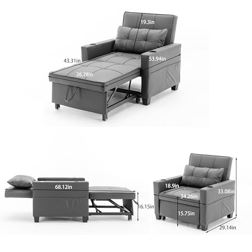 Anwick 3-in-1 Convertible Futon Sofa Bed, Sleeper Chair with Adjustable Backrest Recliner, Modern Linen Fabric, USB & Type C Charging Ports, Ideal for Living Room, Bedroom, Small Spaces