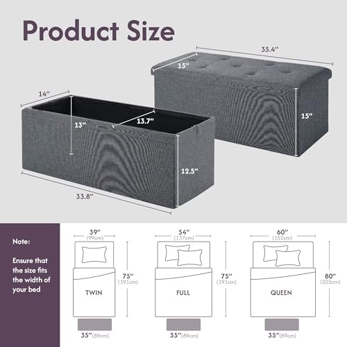 Folding Storage Ottoman Bench with Flip Top Lid Gray Multipurpose Foot Rest Storage Chest for Living Room Bedroom Entryway Space Saving Furniture (35 Inches)
