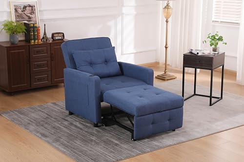 Grey 3 in1 Multi-Function Linen Convertible Sofa Bed with USB Ports, Single Sleeper Sofa with Storage Pockets, Pull-Out Chaise Lounge Chair with Adjustable Backrest and Pillows