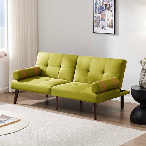 Futon Sofa Bed, Modern Convertible Sleeper Couch Bed, Small Loveseat for Apartment Office Dorm Living, Memory Foam 2-Seat Sofa with Armrests, Wood Legs, Adjustable Backrest (Light Gray)
