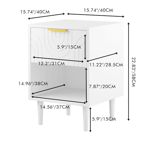 22.83'' Modern White Nightstand with Gold-Accented Handle – 1 Drawer & Open Shelf, Minimalist Bedroom Furniture, Durable MDF Construction, Easy Assembly, Ideal for All Bed Sizes