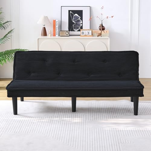 Convertible Futon Sofa Bed,Corduroy Folding Loveseat Couch with Adjustable Backrest,Double Sleeper Sofa Couches for Small Spaces Living Rooms Apartment Office (Black-1)
