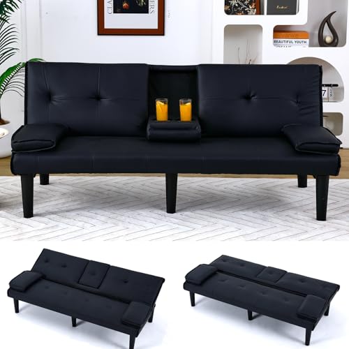 Black Futon Couch & Convertible Futon Sofa Bed for Small Space, 67" Loveseat Couches with Removable Armrests & 2 Cup Holders for Living Room Bedroom Dorm Apartment, Easy Assemble (Black)