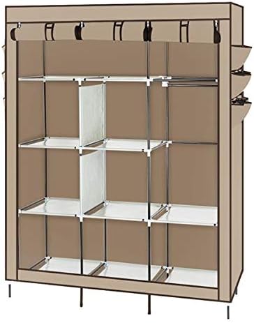 Portable Closet High-Leg Cloth Wardrobe Clothes Storage Organizer with Side Bags, Non-Woven Fabric Cover & Stable Stainless Steel Frame, 50" W x 17.7" D x 68.9" H Beige