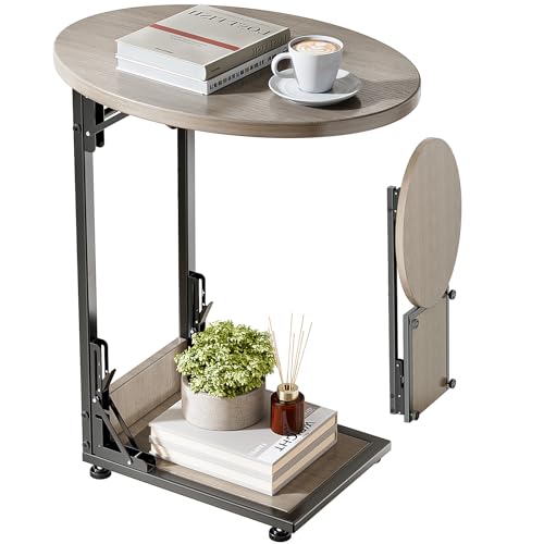 Elbourn Folding Side Table End Couch Tables,Metal Frame C-Shaped TV Stand for Sofa Living Bedroom Bedside Coffee Small Spaces(Vintage Wood Color)