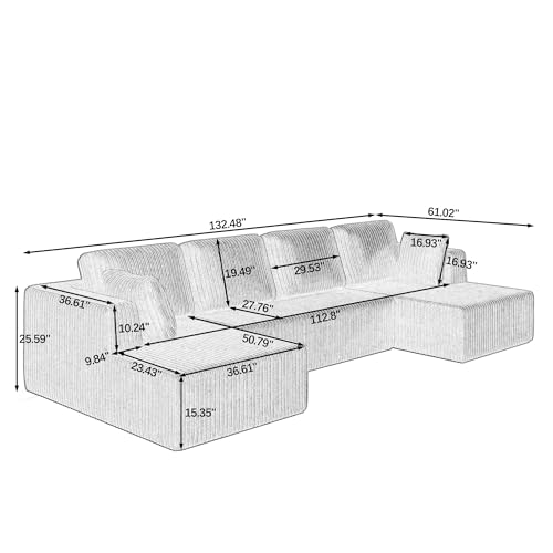 U-Shaped Modular Sectional Sofa with Sleeper Function, Modern Minimalist Corduroy Fabric for Living Room, Bedroom