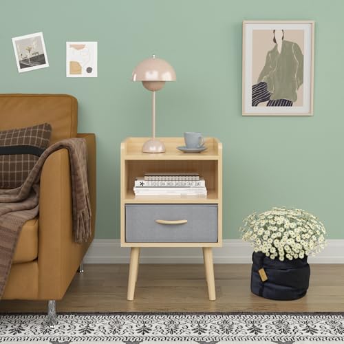 Classical Nightstand, 2 Drawer Dresser for Bedroom, Small Dresser with Metal Frame and Wood Top, Bedside Furniture, Night Stand, End Table with Fabric Bins for Bedroom, Closet (Oak, 1 PCS)
