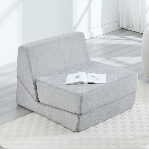 Folding Sofa Bed, Convertible Sleeper Futon Chair, 3-in-1 Foldable Floor Mattress, Breathable High-Density Foam Lazy Couch, Comfy Lounge Chair for Living Room Apartment, Light Gray