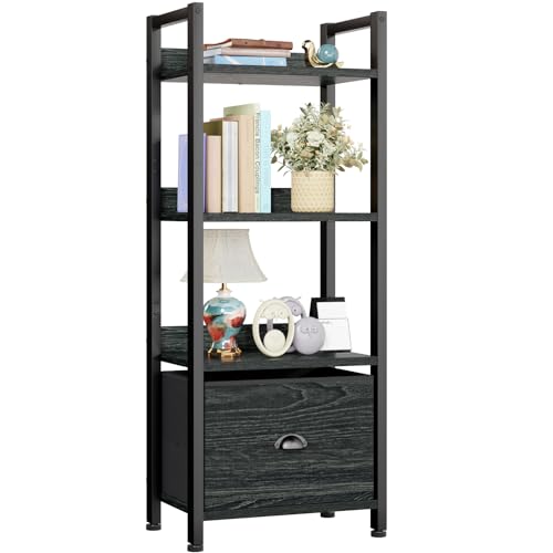 Furologee 5 Tier Bookshelf with Drawer, Tall Narrow Bookcase with Shelves, Wood and Metal Bookshelves Storage Organizer, Industrial Display Standing Shelf Unit for Bedroom, Living Room, Rustic Brown