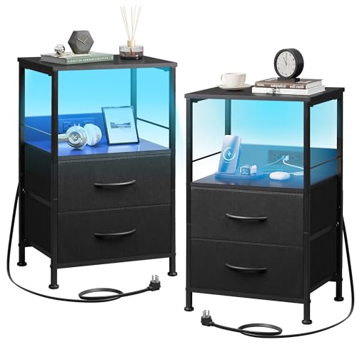 WLIVE Nightstand with Charging Station, LED Night Stand with 2 Fabric Drawers and Open Shelf, Small Dresser for Small Spaces, Side End Tables for Bedroom, Rustic Brown and Black