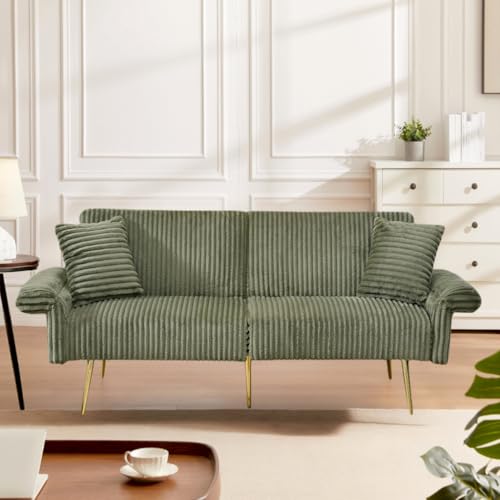 73" Convertible Futon Sofa Bed,Comfy Teddy Fabric Sleeper Couch with 3 Reclining Backrests,Golden Chrome Legs,Modern Cloud Sofa Loveseat for Small Living Room Office (White-Corduroy)