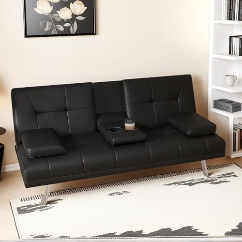 67"Modern Futon Sofa Bed,Convertible 3 in 1 Sleeper Bed Couches with Adjustable Backrest,Cup Holders,Comfy PU Leather Recliner Sofa Loveseat with Chrome Legs for Small Home Living Room (Black)