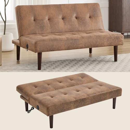 Memory Foam Futon Couch Bed with Charging Port, Convertible Folding Sleeper Sofa Bed with Adjustable Backrests, Modern Loveseat Sleeper for Living Room/Bedroom/Small Space/Office (Microfiber, Coffee)
