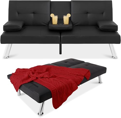 Convertible Folding Futon Sofa Bed with Metal Legs & 2 Cupholders, Modern Faux Leather Upholstered Couch Loveseat Sleeper, Couches Bed, Removable Armrests for Small Spaces (Black)