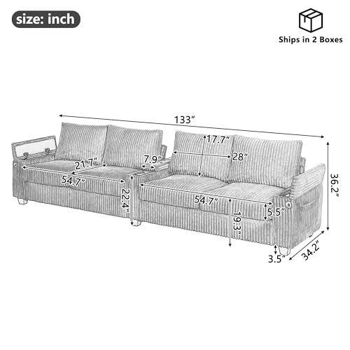 4-Seater Corduroy Sofa with USB Ports, 133" Modern Storage Sofa with Flip-Top Cup Holders, Deep Seating Couch for Living Room