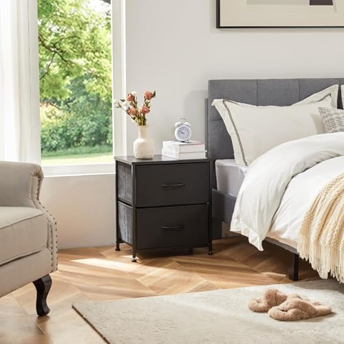 Nightstand with 2 Drawers, Bedside Table Small Dresser with Removable Fabric Bins, Night Stand, Bedside Furniture, End Table with Fabric Bins for Bedroom, Closet