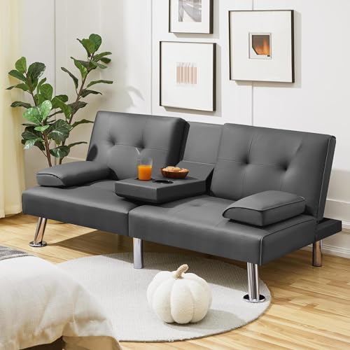 Convertible Folding Futon Sofa Bed with Metal Legs & 2 Cupholders, Modern Faux Leather Upholstered Couch Loveseat Sleeper, Couches Bed, Removable Armrests for Small Spaces (Gray)