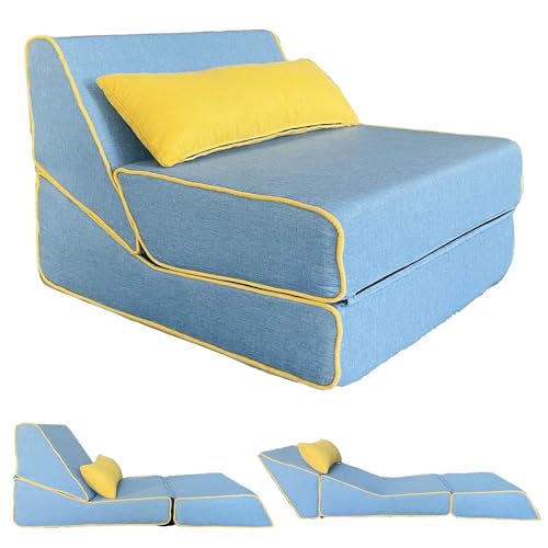 Foldable Lazy Sofa Chair, 3 in 1 Convertible Chair Bed for Small Spaces, Ergonomic Portable Lounge Couch, Sofa Bed with Memory Foam for Home Office, Apartment, Dorm, (Blue)