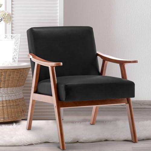 Mid Century Modern Accent Chair with Wood Frame, Upholstered Living Room Chairs with Waist Cushion, Reading Armchair for Bedroom Sunroom Lounge Chair Indoor Office, Apartment Family (Blue)