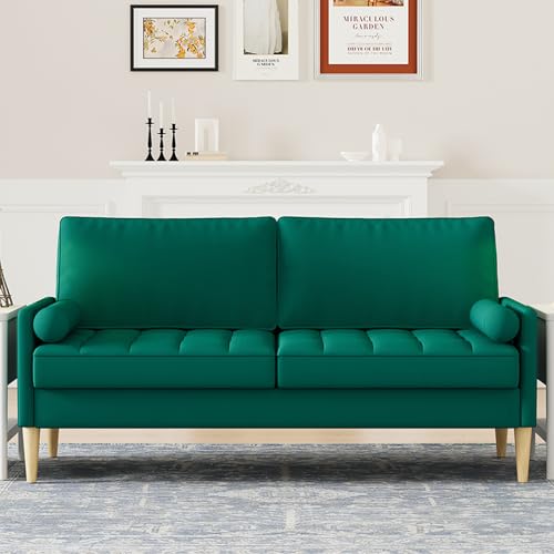68” Blue Small Couches with Arms & 2 Pillows for Small Spaces, Velvet Loveseat Sofa & Office Couch for Living Room, Modern Comfy 3 Seater Sofa with Tufted Seat, Sturdy Wood Legs (Blue)