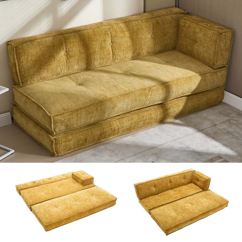 Convertible Sleeper Futon Sofa Bed with Pillow and Storage Pockets, Foldable Couch Bed Floor for Living Room, Bedroom,Guest Room, Apartment, Queen Sofa Bed (White)