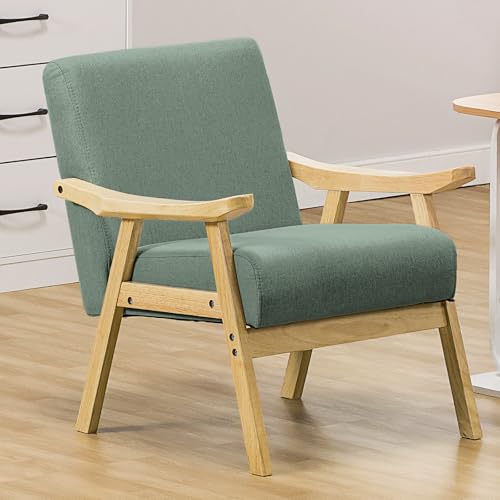 COMHOMA Accent Chair, Mid Century Modern Chair with Solid Wood Armrest, Comfy Upholstered Reading Armchair for Living Room, Bedroom, Balcony (Curved Armrests, White)