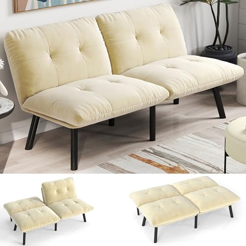 Anwick 63“ Small Futon Sofa Bed, Futon Couch Small Space with 5 Level Adjustable Backrest, Velvet Convertible Futton & Loveseat for Living Room Bedroom Dorm, 800 LBS Capacity (Brown)