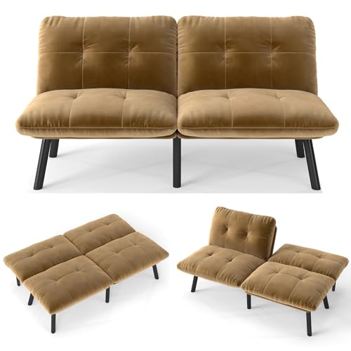 Futon Sofa Bed Velvet Futon Couch with Adjustable Backrest, 63" Convertible Folding Sleeper Sofa Bed, Modern Loveseat for Small Space Living Room Bedroom Apartment (Black)