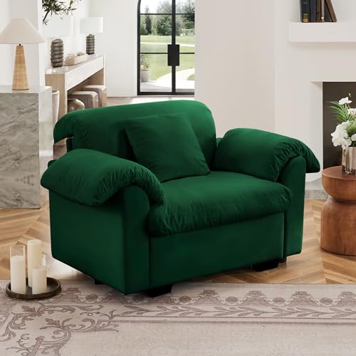 KINFFICT Modern Deep Seat Velvet Accent Chair - Single Sofa with Fluffy Armrest Pillows & Hidden Storage Compartment | Removable Washable Covers & Compact Design for Apartments Living Room