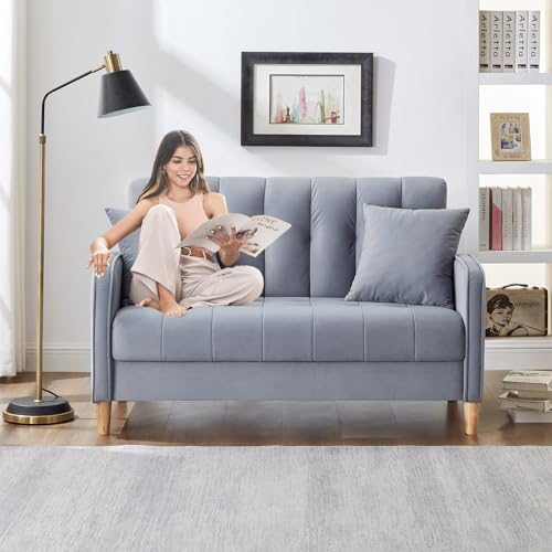 52" Velvet Loveseat Couch, Modern Small Sofa with Walnut Wood Legs 2-Seater Fabric Upholstered Mini Sofa Couches for Small Space,Living Room Bedroom Office Dorm Apartment (Beige)