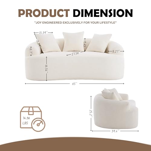 No-Assembly Curved Loveseat Sofa for Small Spaces - 65" Compact Chenille Fabric Sofa with 3 Pillows, 300 lbs Capacity