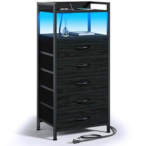 Furnulem Night Stand with Charging Station and Led Light, 4 Drawer Dresser for Bedroom, Small Nightstand Bedside Table, Fabric Bins, Metal Frame, Wood Shelf, Side Furniture(Rustic Brown)