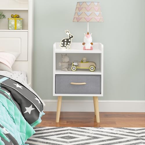 Nightstand with Collapsible Fabric Drawer, 2-Tier Storage End Table, Wood Side Table with Storage Cabinet for Kids and Adults, White