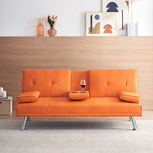 67" Multifunctional Double Folding Sofa Bed with 2 Cup holders,Leather Couch Loveseat Sleeper with Removable Armrests,Convertible Folding Couches Bed for Office Small Spaces (Orange)