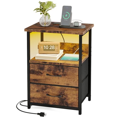 Fixwal Night Stand with Charging Station, Adjustable Bed Side Table with Fabric Drawer, Farmhouse End Table, Bedside Table with Storage, Rustic Brown