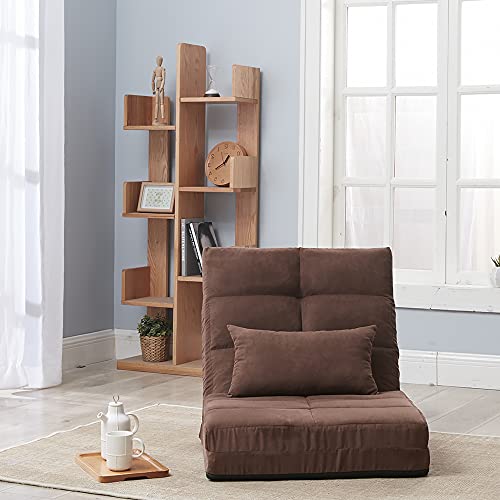 Triple Fold Down Sofa Bed, 14-Position Adjustable Floor Couch to Bed, Foldable Guest Sleeper with Pillow for Living Room, Bedroom, Game Room, Brown