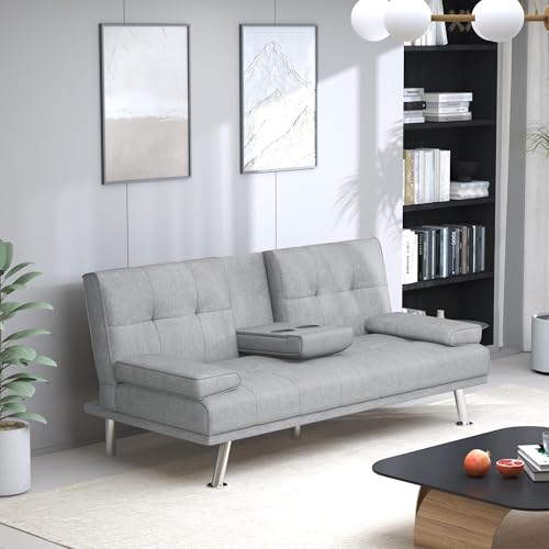 Futon Sofa Bed Modern Folding Couch for Small Space, Faux Leather Convertible Loveseat Sleeper Bed Daybed Recliner Lounge Sofas for Living Room,2 Cup Holders,Metal Legs,Removable Armrests (Black)