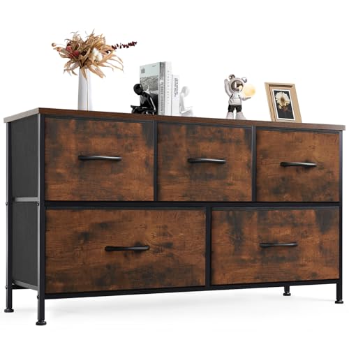 DUMOS Dresser for Bedroom, Storage Organizer with 9 Drawers, Chest of Drawers with Fabric Bins, Sturdy Metal Frame, Wood Tabletop for Guest Room, Closet, Entryway, Nursery